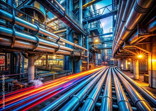 Long Exposure of Building Pipes with Colorful Labels in an Industrial Setting, Capturing Motion and Vibrance in Urban Infrastructure