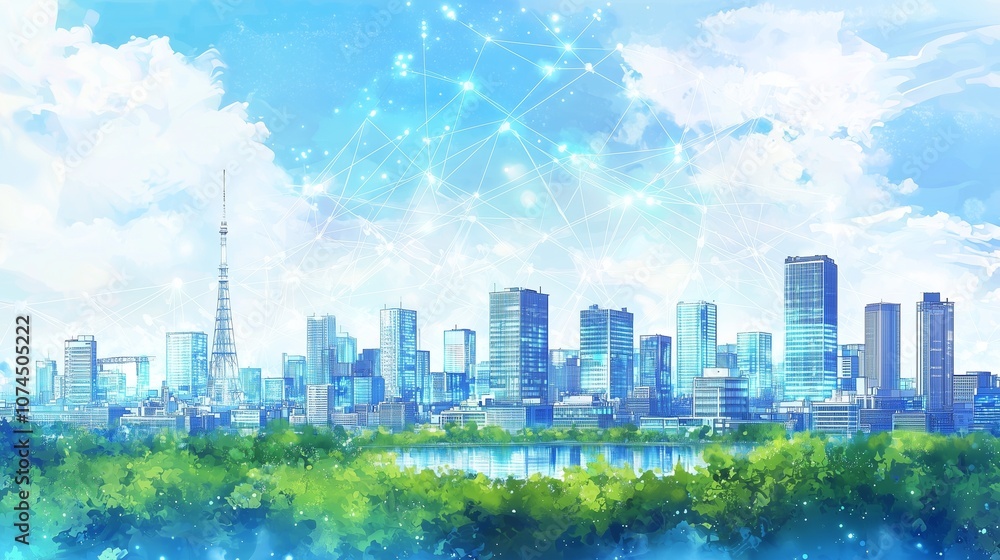 Obraz premium Futuristic cityscape with digital network overlay, symbolizing smart city connectivity.