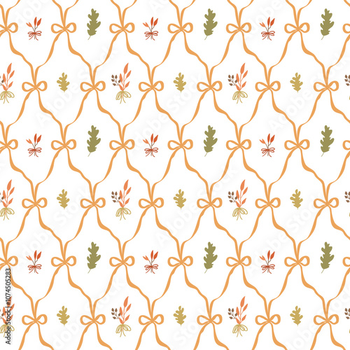 Cute bows, ribbon, autumn leaves seamless pattern. Coquette repeat background with bow knots. Vector hand drawn design for wallpaper, repeat background, print, textile, wrap paper.