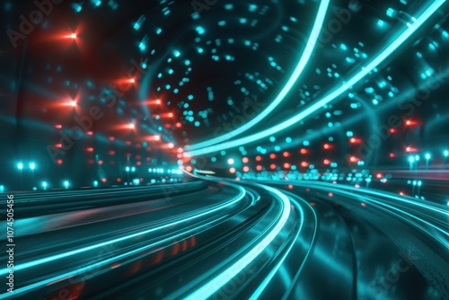 Abstract futuristic highway with glowing blue lines and red lights. photo