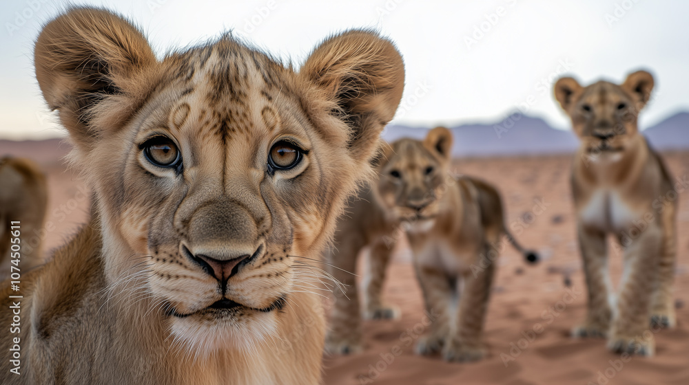 Young Lions Looking into Camera in Desert Young Lions Looking into Camera in Desert