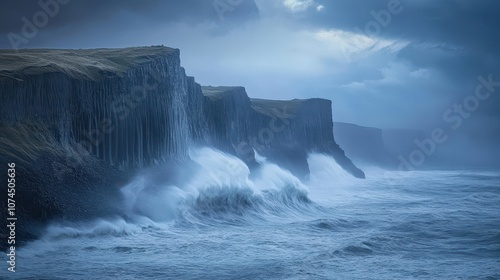 Storm Surge at Coastal Headland: Massive Waves Crash Against Basalt Cliffs Under Moody Blue Hour Skies. Captured in Long Exposure for Maximum Detail.