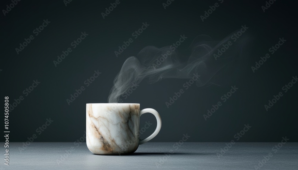 Steaming marble coffee mug on a dark background, creating a cozy and inviting atmosphere. Steaming marble coffee mug on a dark background, creating a cozy and inviting atmosphere.