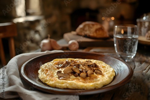 Rustic plate with a omelette aux cèpes, a golden omelette filled with porcini mushrooms on a wooden table with a napkin and glass of water. Cozy French tavern background with stone walls