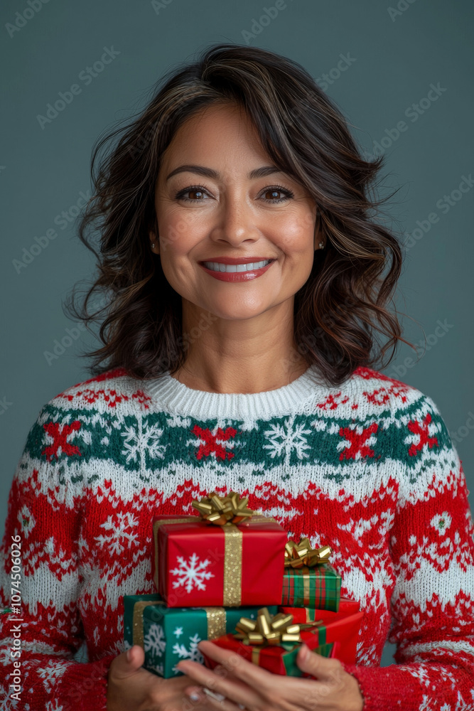 Festive Portrait of Hispanic middle-aged female Wearing Christmas Sweater With Snowflakes And Holding Christmas Gift Festive Portrait of Hispanic middle-aged female Wearing Christmas Sweater With Snowflakes And Holding Christmas Gift
