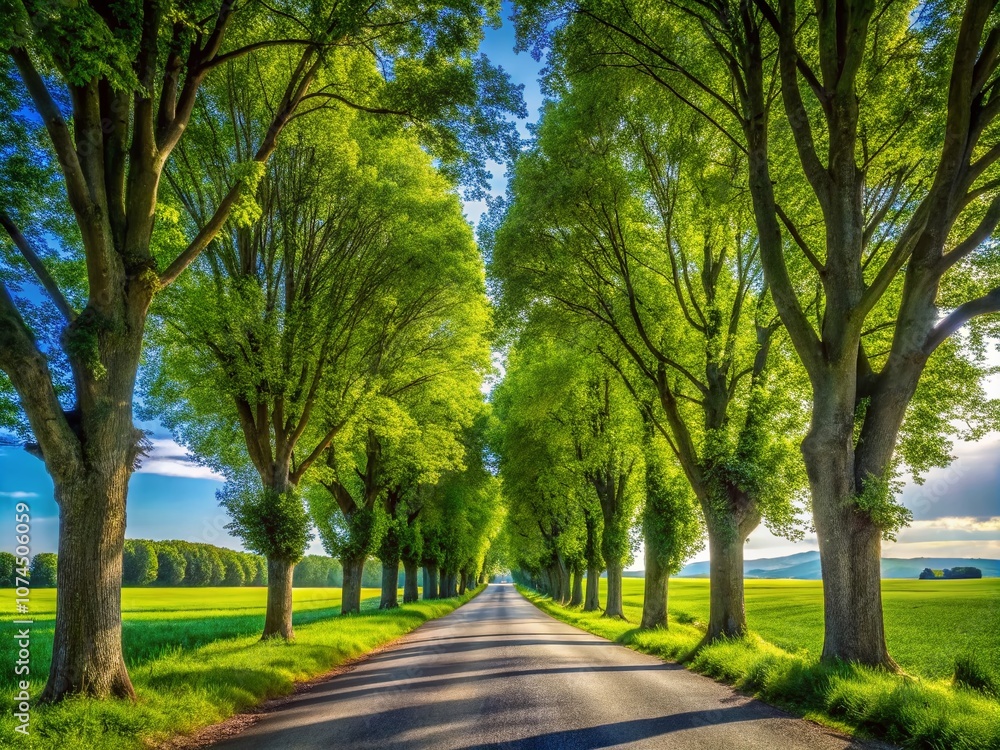 Lush Green Trees Framing a Serene Country Road with Blue Sky and Sunlight in the Background for Scenic Nature Photography Lush Green Trees Framing a Serene Country Road with Blue Sky and Sunlight in the Background for Scenic Nature Photography