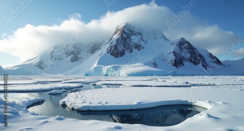 Mount Erebus, Antarctica, active volcanic peak with snow-covered slopes against a stark landscape, capturing the harsh beauty and isolation of Antarctica.