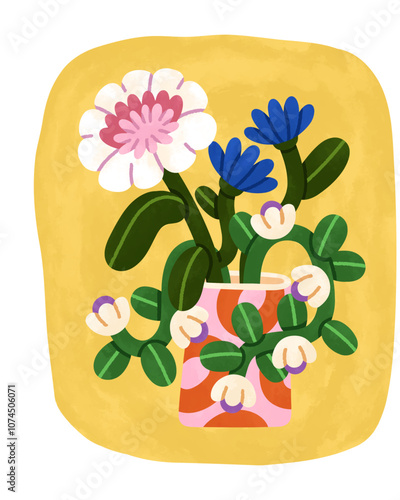 Flower bouquet in vase. Floral blossoms, leaf branches, summer blooming decor...