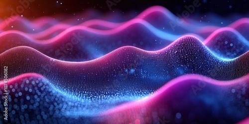 Vibrant Abstract Wave Patterns of Interconnected Digital Particles in a Colorful Background Representing Technology and Innovation in a Futuristic Landscape