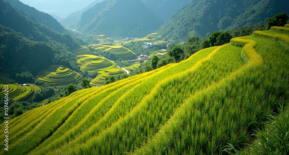 Obraz premium Mù Cang Chải rice terraces, Vietnam, lush green terraces winding along hillsides, showcasing the vibrant beauty and intricate patterns of Vietnamese agriculture.