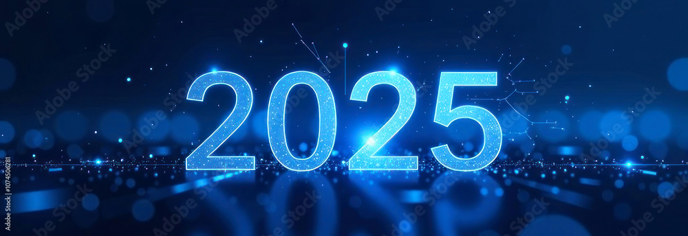 Glowing digital numbers for 2025 on a dark background with a high-tech circuit design symbolizing progress Glowing digital numbers for 2025 on a dark background with a high-tech circuit design symbolizing progress
