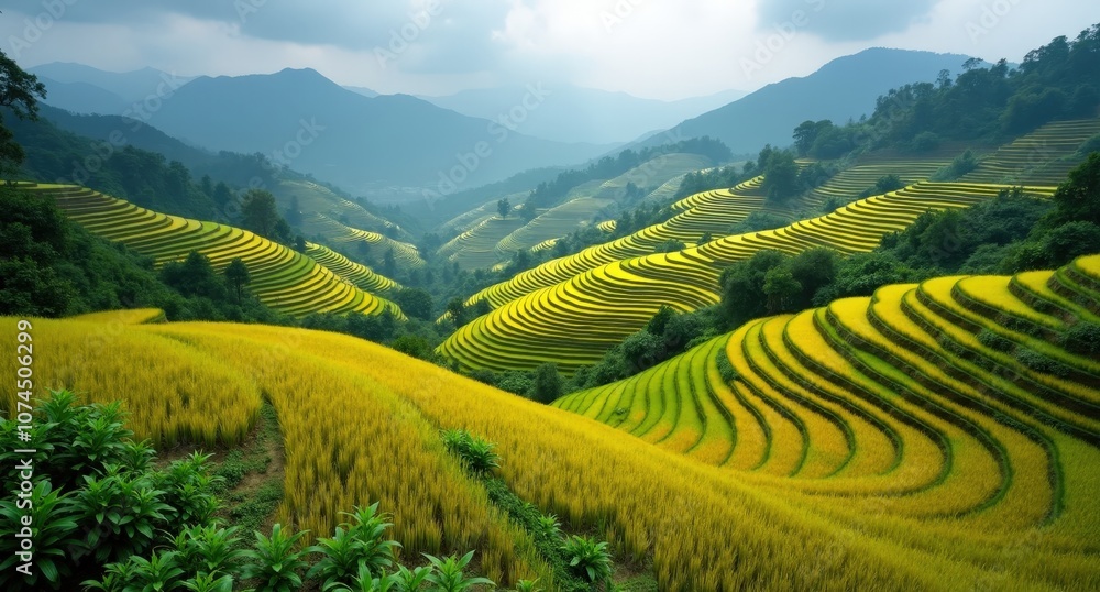 Fototapeta premium Mù Cang Chải rice terraces, Vietnam, lush green terraces winding along hillsides, showcasing the vibrant beauty and intricate patterns of Vietnamese agriculture.