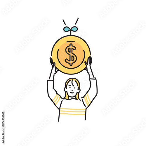 シンプル　イラスト　芽が出たコインを掲げる若い女性