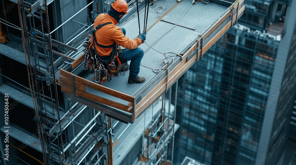 Construction Engineer Working at Heights with Sci-Fi Scaffolding Construction Engineer Working at Heights with Sci-Fi Scaffolding