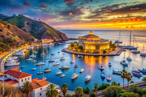 Luxurious Casino and Yacht Scene in Avalon Bay, Santa Catalina Island, Showcasing Opulence and Scenic Coastal Beauty of Southern California's Iconic Waterfront photo