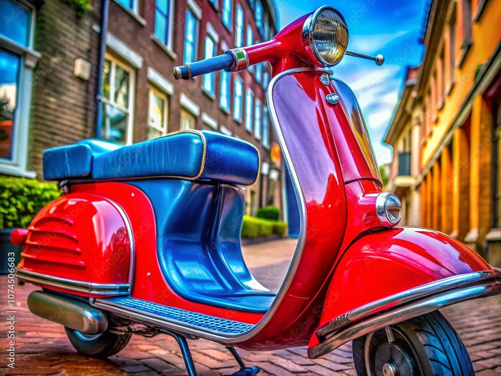 Fototapeta premium Macro Photography of a Blue Motor Scooter with a Vibrant Red Seat, Ideal for Transportation Concepts and Urban Lifestyle Imagery