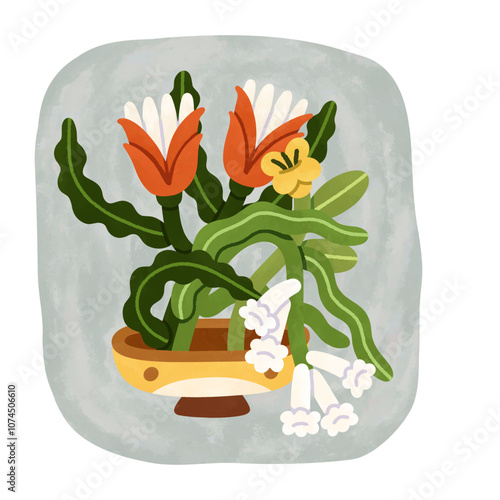 Flower arrangement with blossoms and leaves in bowl. Japanese ikebana, floral art. Modern botanical, blooming plants decoration, card, poster. Flat vector illustration isolated on white background