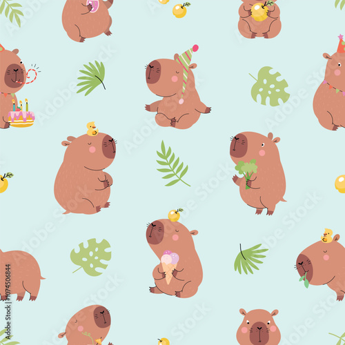 Cartoon capybara seamless pattern. Funny capybaras keep calm, resting and eating. Adorable childish print design, nowaday vector animal characters