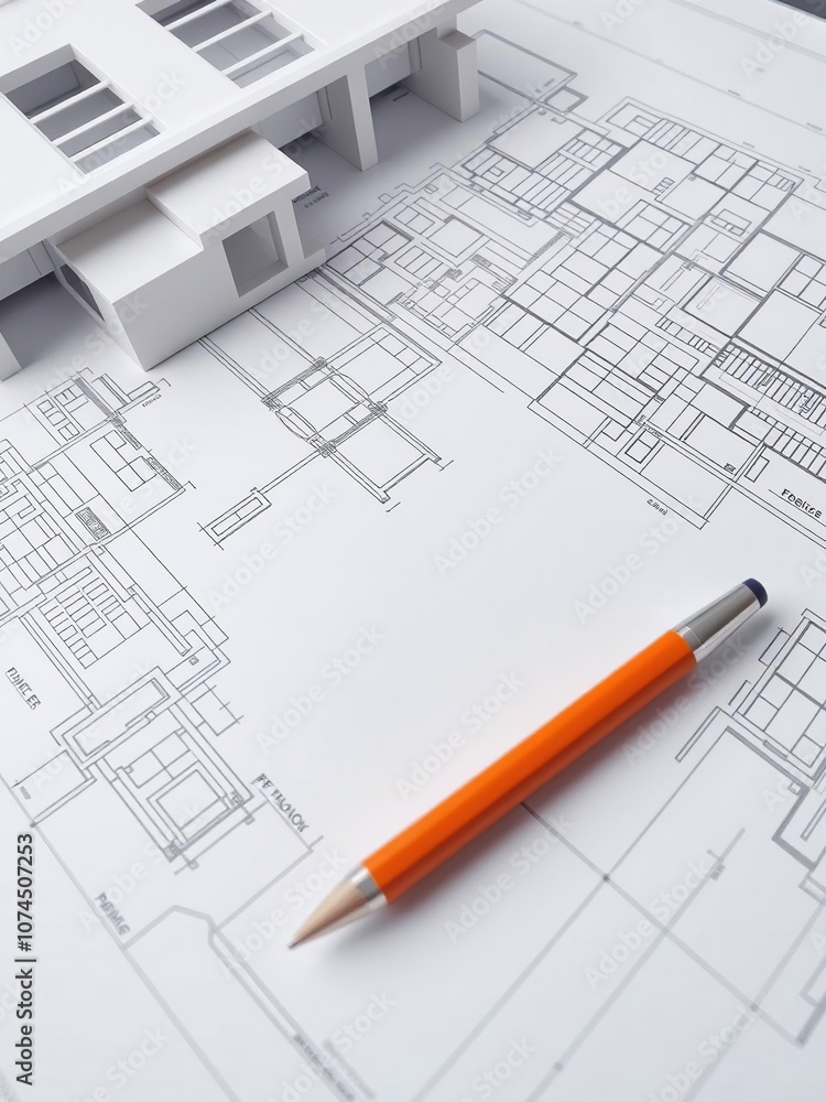 Image of blueprints and architectural plans for a modern building project, project, blueprint