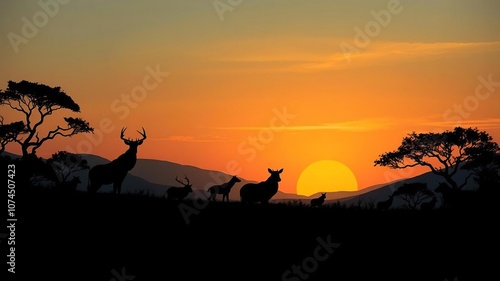 Landscape of various animal silhouettes at sunset, habitat, tranquility