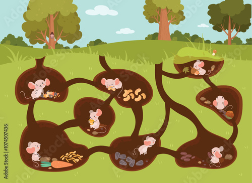 Cartoon mice underground. Little mouse with seeds nuts in holes with passages. Forest wild animals ready for winter in soil tonnels, nowaday vector scene