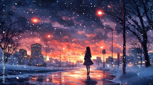 A young woman walks through a snowy city at sunset, surrounded by twinkling lights.