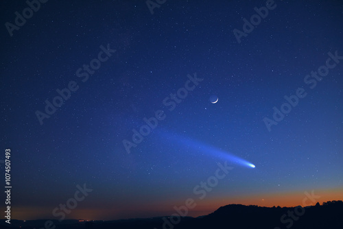 Comet C2023A3 Tsuchinshan ATLAS with Milky Way stars photographed from northern hemisphere in October 2024.