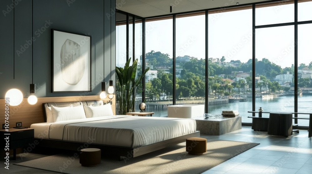 Fototapeta premium Minimalist Hotel Room with City View: A sleek, minimalist hotel room featuring a floor-to-ceiling window showcasing a breathtaking cityscape. Modern hotel room interior. 