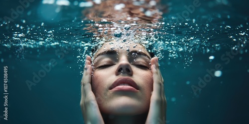 Woman submerged underwater, serene expression, hair floating, bubbles rising, water texture, calm atmosphere.