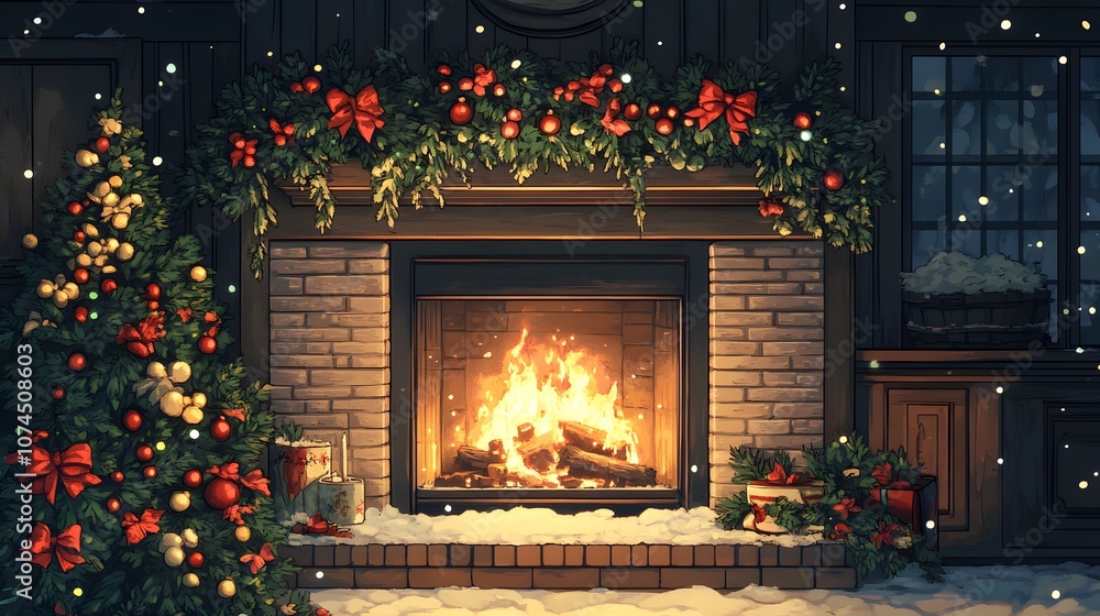 Cozy winter scene with a decorated fireplace and festive Christmas tree. Cozy winter scene with a decorated fireplace and festive Christmas tree.