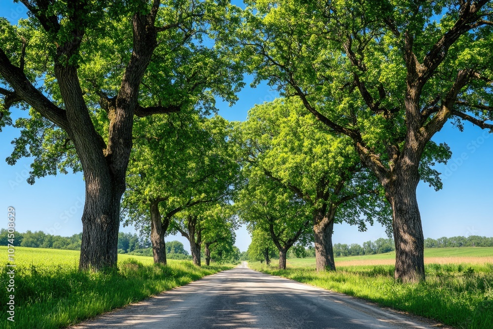 A scenic view of a country road surrounded by trees, perfect for landscape and nature photography A scenic view of a country road surrounded by trees, perfect for landscape and nature photography