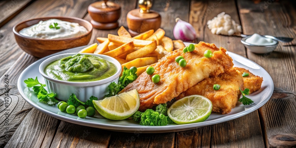 Crispy Fish and Chips with Mushy Peas - A Classic British Dish, Golden Fried Fish, Hand-Cut Chips, and Vibrant Green Peas, Perfect for Food Photography and Culinary Inspiration Crispy Fish and Chips with Mushy Peas - A Classic British Dish, Golden Fried Fish, Hand-Cut Chips, and Vibrant Green Peas, Perfect for Food Photography and Culinary Inspiration