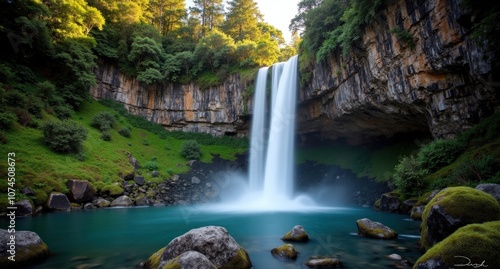 Sutherland Falls, Fiordland, New Zealand, majestic waterfall descending lush, misty cliffs, capturing the serene and pristine beauty of New Zealand’s fjord landscapes. photo