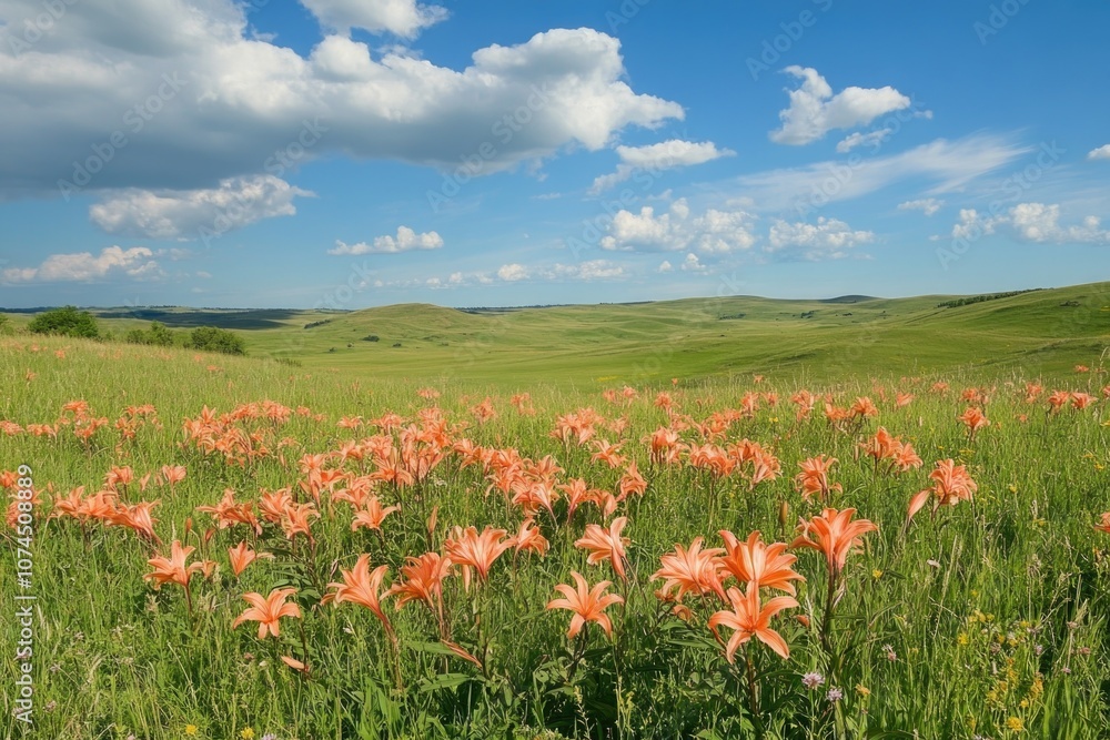 A bright and cheerful scene with orange flowers blooming in a green field under a clear blue sky A bright and cheerful scene with orange flowers blooming in a green field under a clear blue sky