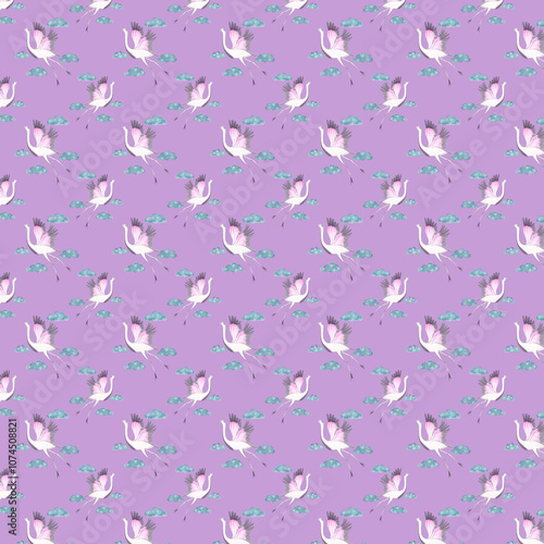 10 Seamless Pattern Set, Watercolor birds, Scrapbook Paper, pattern Fabric, Beautiful Backgrounds, White birds ,background of purple colors, birds fly
