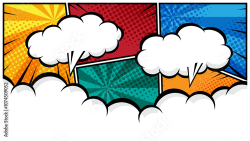 horizontal comic speech bubble in white cloud on a vibrant pop art background flat design