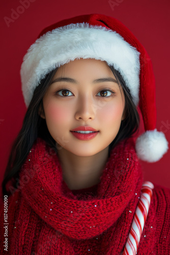 Festive Portrait of Asian Young Adult Female Wearing Christmas Santa Hat And Scarf And Holding Christmas Gift