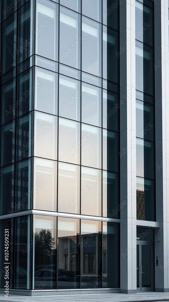 Modern glass office building with sleek design and reflective windows, corporate, workplace Modern glass office building with sleek design and reflective windows, corporate, workplace