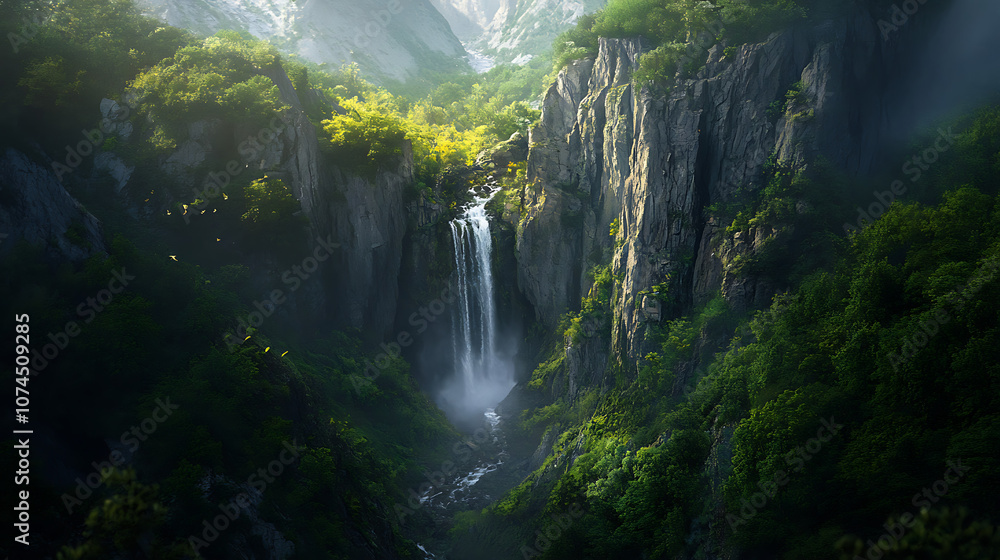 An aerial shot of a secret waterfall nestled within a valley, with dramatic cliffs and vibrant greenery creating a stunning backdrop An aerial shot of a secret waterfall nestled within a valley, with dramatic cliffs and vibrant greenery creating a stunning backdrop