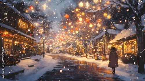 A woman walks through a snowy street adorned with festive lanterns.