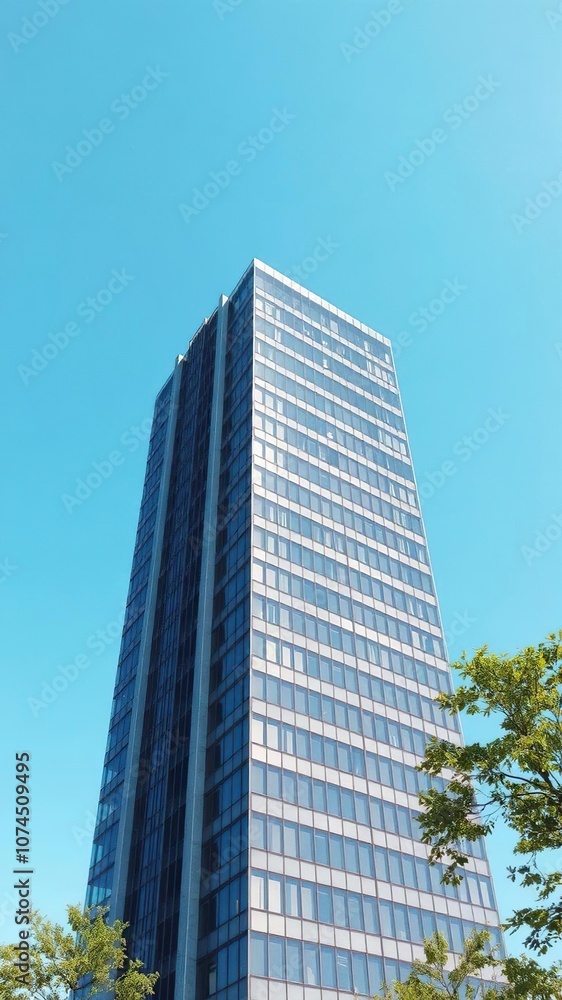 Modern office building towering against the clear blue sky, outdoors, building, exterior Modern office building towering against the clear blue sky, outdoors, building, exterior