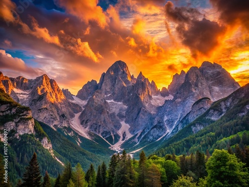 Majestic Silhouettes of Mountains Above Krma Valley in the Julian Alps at Sunset, Capturing the Beauty of Nature's Peaks and the Serenity of the Alpine Landscape photo