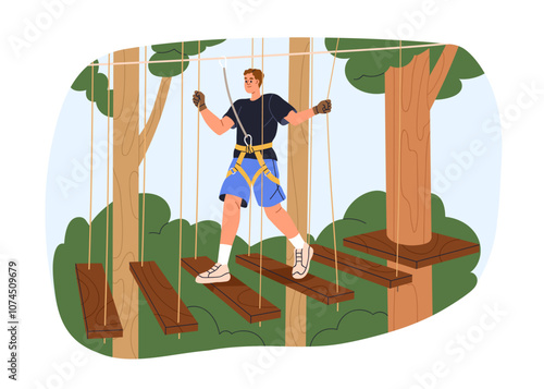 High ropes course in adventure park. Suspended man walking on wood planks, bridge among tree trunks. Outdoor recreation activity in nature. Flat vector illustration isolated on white background