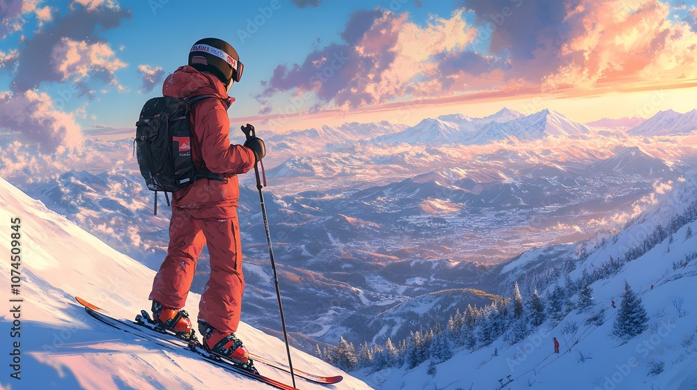 Young male skier in a red outfit enjoying a breathtaking mountain view at sunset. Young male skier in a red outfit enjoying a breathtaking mountain view at sunset.