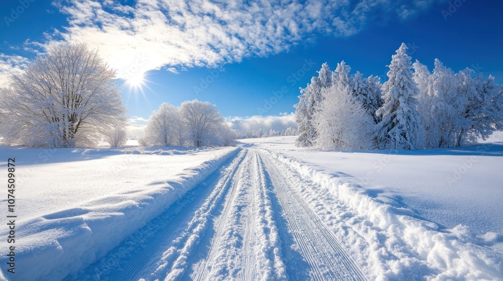 Cross-country skiing through a frozen landscape, open skies and untouched snow, peaceful and immersive winter experience Cross-country skiing through a frozen landscape, open skies and untouched snow, peaceful and immersive winter experience