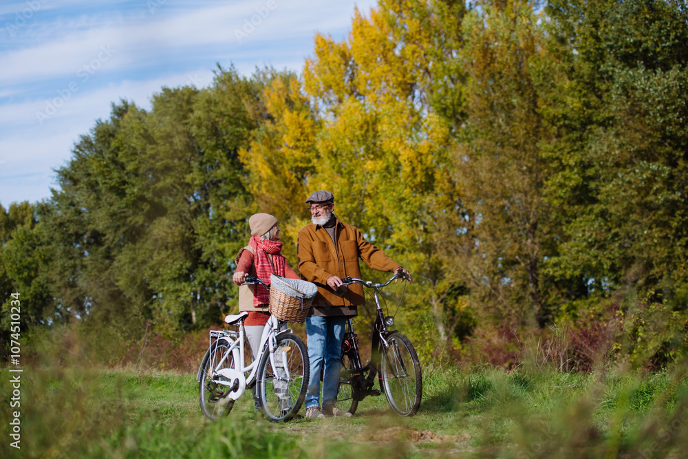 Obraz premium Elderly couple on a walk in the forest, pushing their bikes side by side. Seniors in love on stroll through autumn nature, enjoying a peaceful moment together.