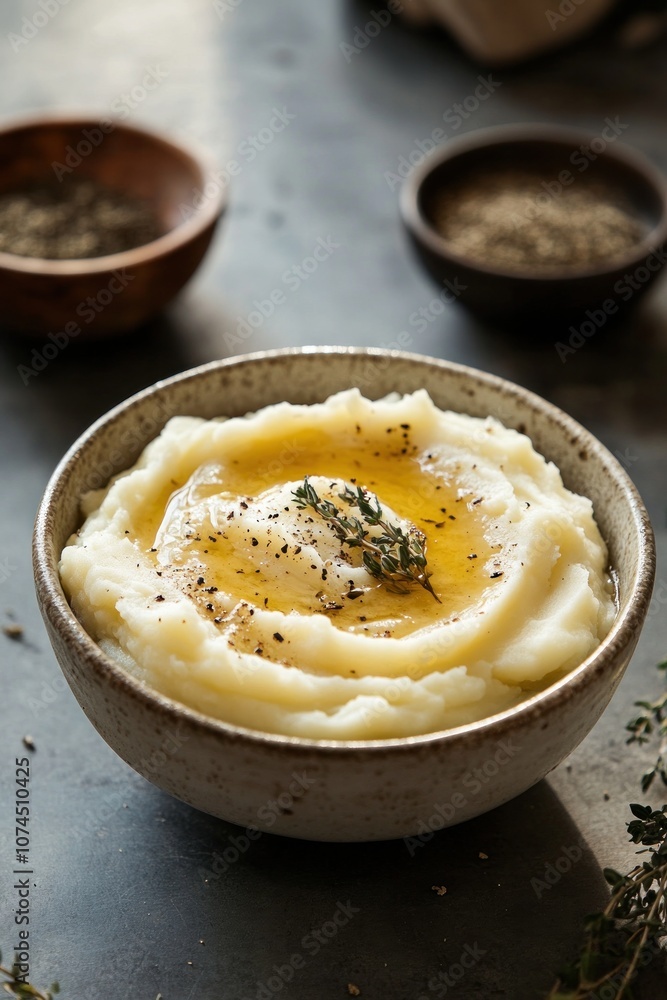 Creamy mashed potatoes served in a bowl with a thick layer of savory gravy poured on top Creamy mashed potatoes served in a bowl with a thick layer of savory gravy poured on top
