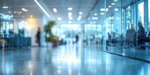 Blurred Focus on an Office Space with People Working Behind Glass Walls, Enhancing the Ambiance of a Modern Workplace Environment