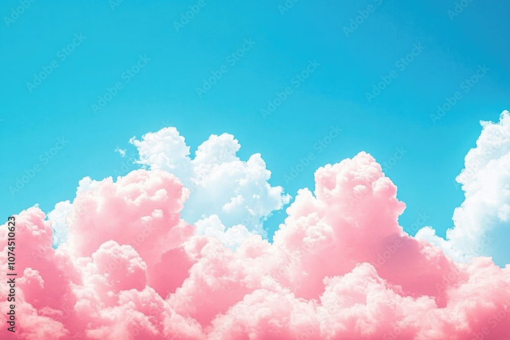 A clear blue sky filled with pink clouds, featuring a small plane flying in the distance A clear blue sky filled with pink clouds, featuring a small plane flying in the distance