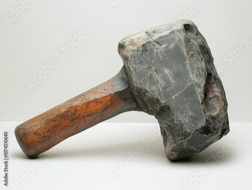 A rugged stone hammer with a wooden handle, perfect for construction, crafts, and historical themes in stock photo collections. photo